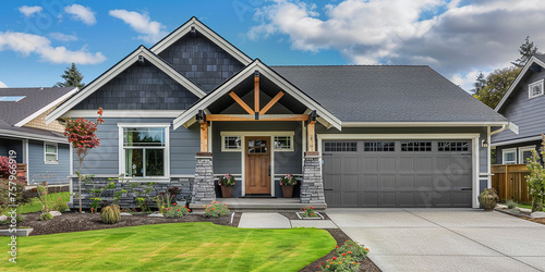 gray house with covered veranda and garage