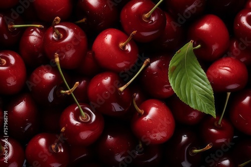 Background of fresh juicy burgundy cherries in water