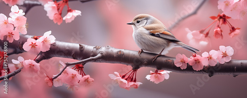 Close up photo of bird sitting on branch of cherry blossom. Hanami festive banner concept. Bullfinch, Robin, Redstart on blooming sakura with pink flowers in spring season. Spring birds wildlife.
