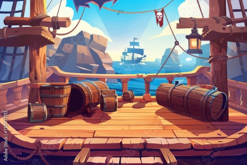 A cartoon illustration of a pirate ship's wooden deck onboard, a boat with cannons, wood boxes, and barrels, a hold entrance, a mast with ropes, a lantern, and a skull buccaneer flag situated on a
