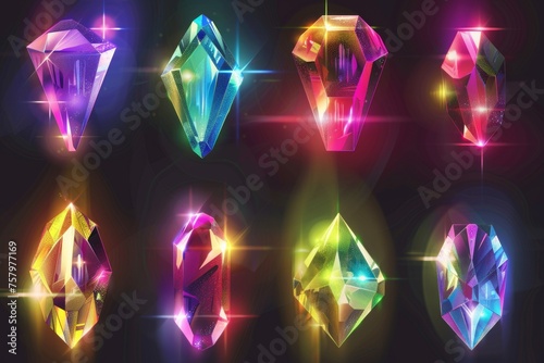 Crystal rainbow lights, refraction effects of rays in glass or gem stone isolated on transparent background. Bright reflection flare and shiny diamond glare modern set.
