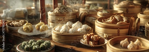 A variety of dim sum in bamboo steamers, beautifully arranged on a wooden table with garnishes.