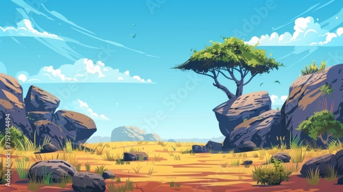 Wild African savannah landscape, with trees, rocks, plain grassland field, an outline of Kenya, with a parallax effect, modern illustration. Kenya panoramic view.