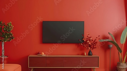 Explore the fusion of a bold wall hue with a sleek and functional TV cabinet, accented by carefully chosen decorative items for a stunning interior attractive look