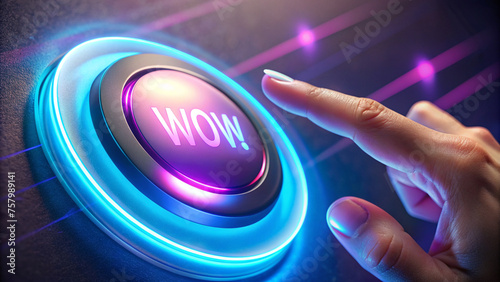 Finger Hovering Over 'WOW!' Effect Push Button with Neon Lights 