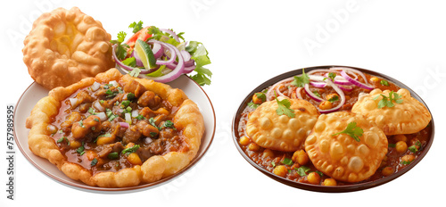 Set of Chole bhature is a North Indian food dish with onion. A combination of chana masala and bhatura or puri. Isolated top view on transparent background, cutout png