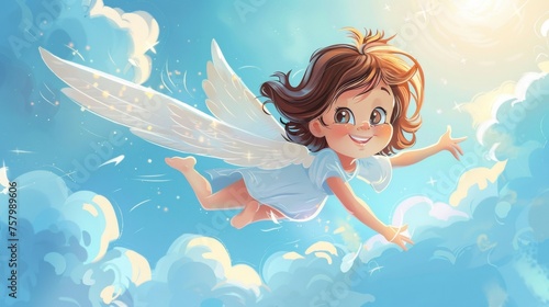 Cute cartoon character angel with wings flying in sky