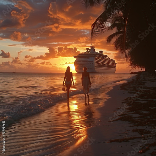 Dos amigas paseando por la orilla de la playa disfrutando de la puesta del sol, regresando al crucero para embarcar y seguir su viaje de aventuras, reflejos, palmeras, nubes, siluetas caminando 