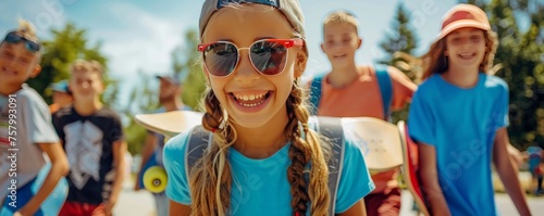 Group of cheerful teenagers with skateboards enjoying summer outdoors.