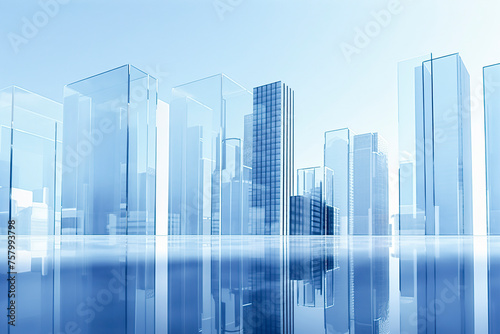 serene, blue-toned image of transparent and reflective buildings against a clear sky, creating a futuristic cityscape