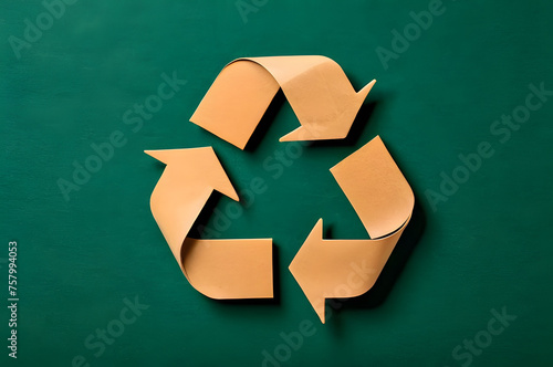Recycling symbol cut out of kraft paper on green background top view, nature concept