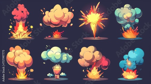 Isolated modern icons of a cartoon dynamite explosion with smoke and boom clouds. Atomic comics detonators for animations for mobile phones, isolated modern icons for UI design. Dangerous explosive