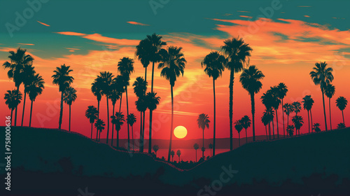 The sunset scene of palm trees and the sunset in the sky. Generative AI. P001