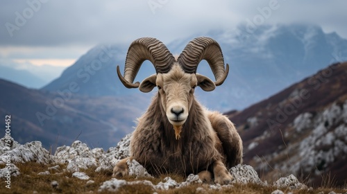 Aries peacefully grazing on the picturesque slopes of a stunning mountain landscape
