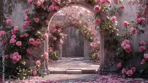 a stone archway frame adorned with roses and spring floral arrangements, evoking a sense of timeless charm and natural splendor.