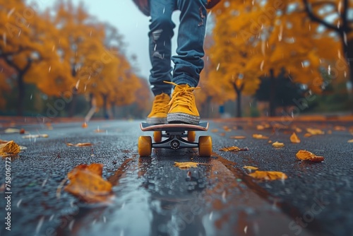A dynamic low angle view of a person skateboarding among fallen leaves on a wet park path during autumn rain