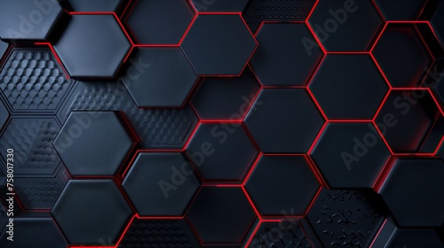 Hexagonal abstract dark metal background with Red lines. Futuristic dark sci-fi hi-tech wallpaper with red lines.