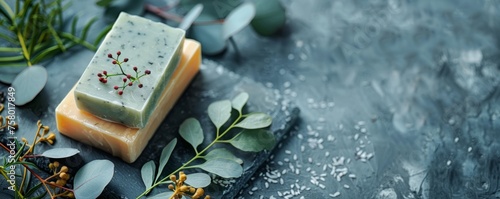 Handmade Natural Soaps with Eucalyptus Decoration, showcasing sustainable beauty and self-care on a muted background