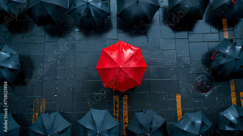 top view of black umbrellas cover the street and one red umbrella in the middle for differentiation business