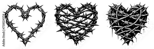 thorny heart, heart made of barbed wire, black vector graphic