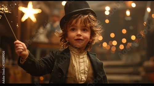 A two-year-old child in costume of magician stands on a vintage-style stage with a top hat and wand in hand, performing a magic trick for an imaginary audience. Happy childhood concept