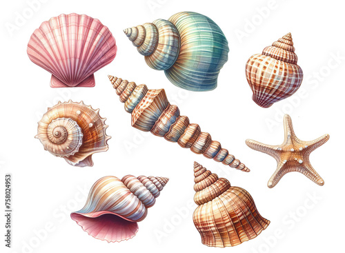 Digital drawing realistic beautiful sea shells of various colors and textures isolated on a transparent background. Blue, pink and beige shades.
