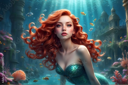 Rothaarige Meerjungfrau unter Wasser - Fantasy