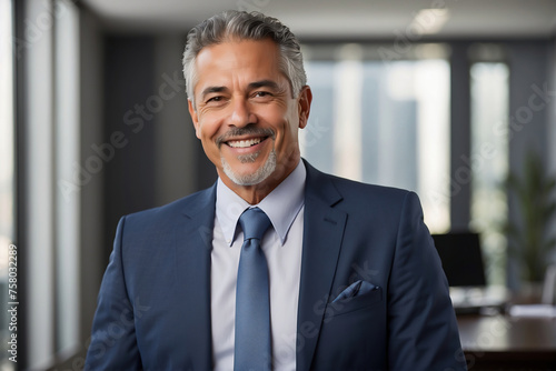 Charismatischer Geschäftsmann mit grauem Haar und blauem Anzug im modernen Büro