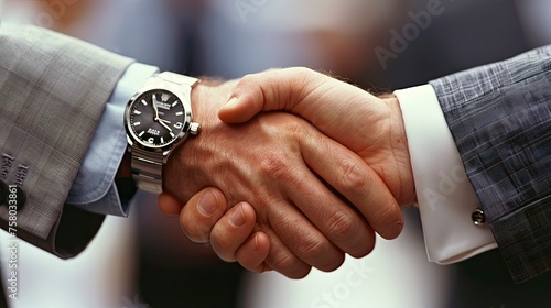 Two businessmen in suits shaking hands close-up, showcasing professionalism, partnership,