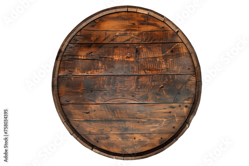 Top view of an old rustic wooden barrel, old wine cellar, bourbon whiskey distillery or beer brewery, rustic wood planks circle bisolated on transparent background, png file