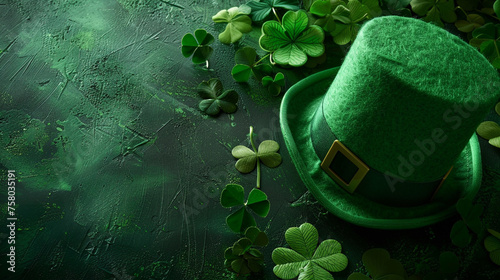 Crafting a visually striking composition combining St Patricks Day symbols like a green hat and clover leaf in a fresh and original manner