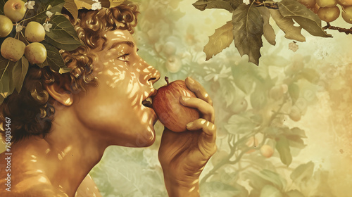 Bible scene, Adam eating the apple in the Garden of eden