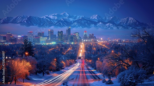 Skyline of Salt Lake City downtown in Utah with Wasatch Range Mountains in the background. Economical stock market graph