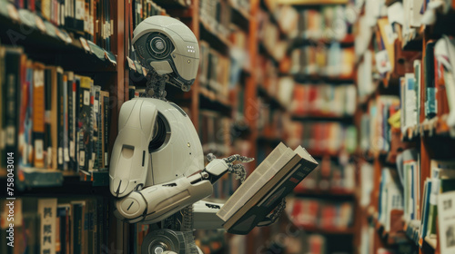 an AI robot reading books in the library, surrounded by bookshelves filled with various academic materials. The background shows other robots working on different tasks