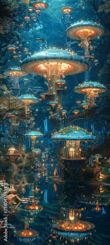 An ocean world where vast underwater cities house an advanced civilization of aquatic beings with mushroom house