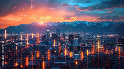 Skyline of Salt Lake City downtown in Utah with Wasatch Range Mountains in the background. Economical stock market graph