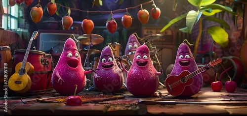 A group of four fruit cartoon characters are playing instruments and singing