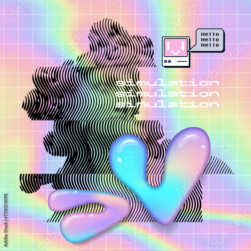 Distorted melting vaporwave collage with marble sculpture in , Apollo Belvedere bust and fluid forms. Holographic retrowave style poster concept, postmodern aesthetics of 80's-90's. Vector