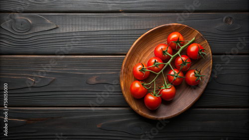 Cherry Tomatoes on Vine on a Dark Plate and Wooden Background 