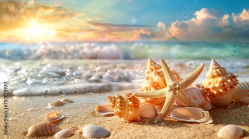  Beach Vacation Memories with Starfish and Seashells on Sandy Shore