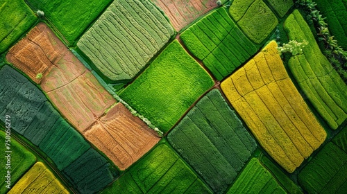 Above golden paddy field during harvest season. Beautiful field sown with agricultural crops and photographed from above. top view agricultural landscape areas the green and yellow fields.