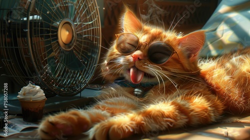 An orange cat with sunglasses relaxes by an electric fan on a sunny day, with an ice cream cone nearby. 
