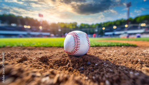 Leather baseball lying on the ground on a baseball field. Professional active sport. Blurred arena