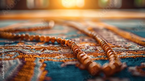 Muslim prayer beads on prayer mat, Islamic Islam faith hajj ramadan Eid Fitr Adha