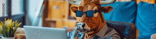 A bull in sales closing deals on a laptop in a high energy open floor sales office