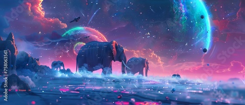 Chefs culinary adventure combining sushi and cyberpunk aesthetics with watercolor elephants and nebulas in the background