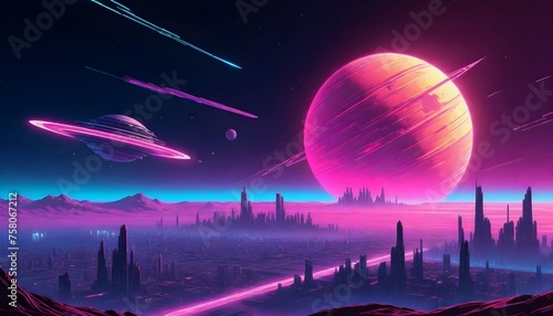 Futuristic city with tall spires on an alien planet, large pinkish planet in the sky, shooting stars, and a horizon transitioning from purple to red