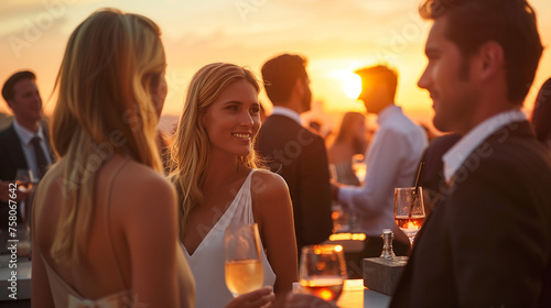 Group of young professionals talking and mingling and drinking wine at a rooftop party at sunset