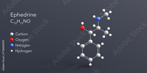 ephedrine molecule 3d rendering, flat molecular structure with chemical formula and atoms color coding