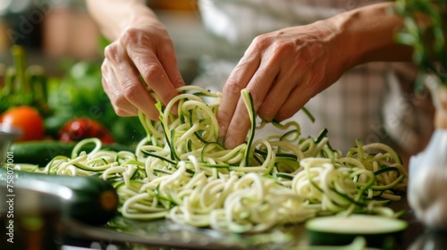 Health conscious kitchen with hands preparing zucchini noodles.